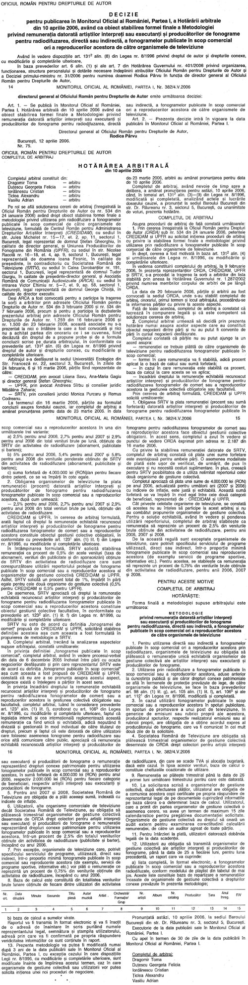 Hotarare Arbitrala Privind Radiodifuzarea Fonogramelor TV