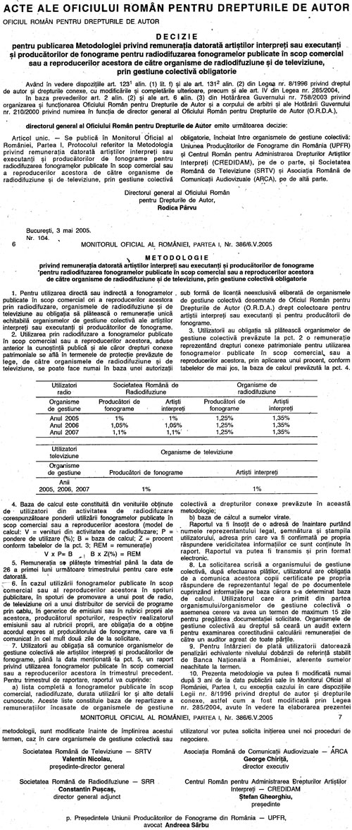 Publicarea Metodologiei Privind Remuneratia Datorata Artistilor Interpreti 